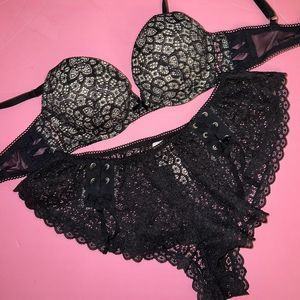 Victoria's Secret push up 34DD BRA SET S shorts BLACK floral lace VERY SEXY
